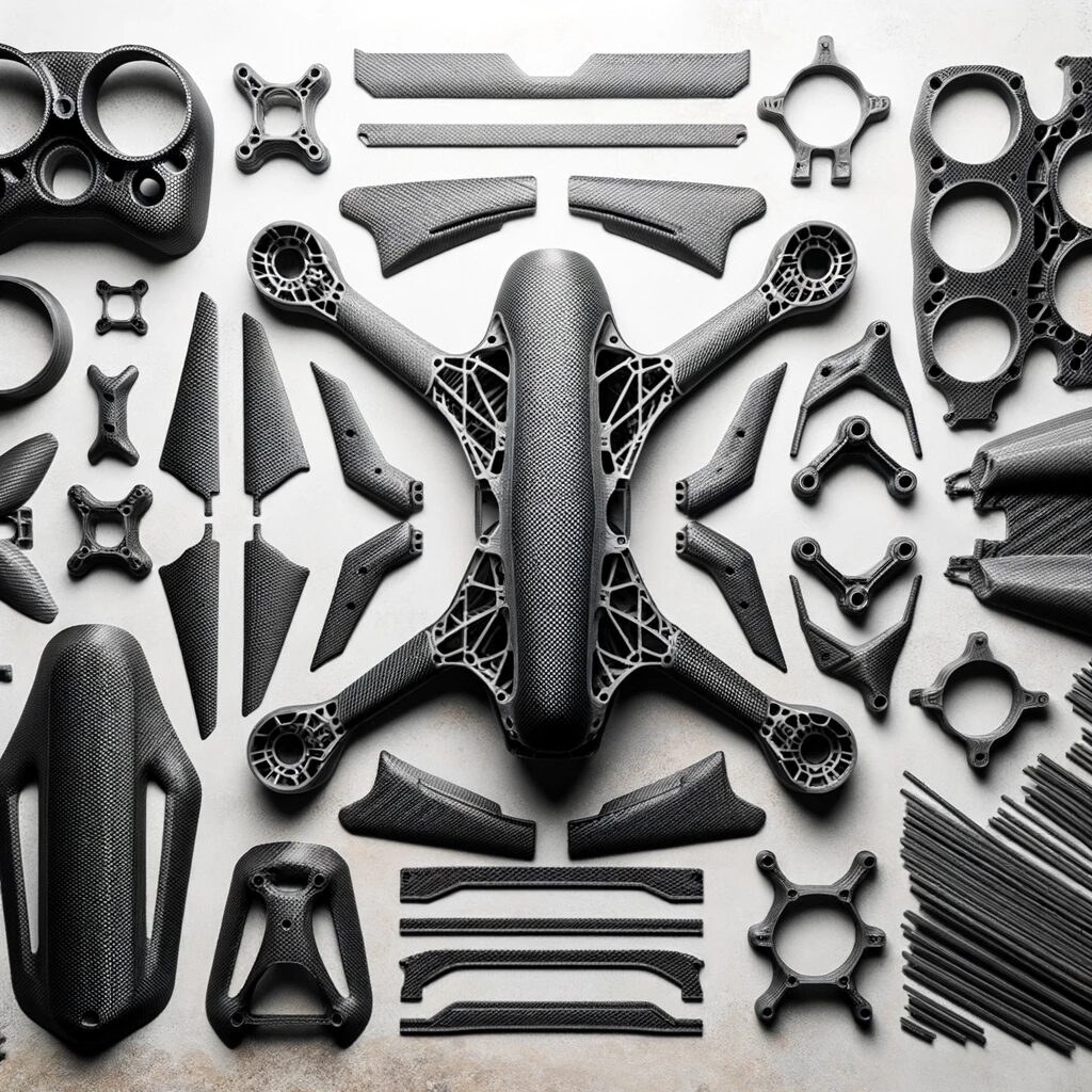 A 3D printed quadcopter frame is shown disassembled on a flat white surface. The frame components are all 3D printed from Carbon Fiber filament.